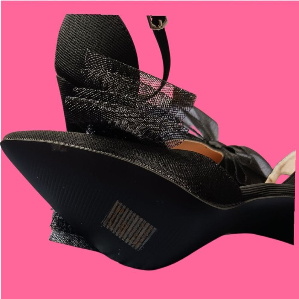 Pointed Toe Heels With Tulle Bow Detail & Ankle Strap Elegant Womens Size 37 - Picture 6 of 16